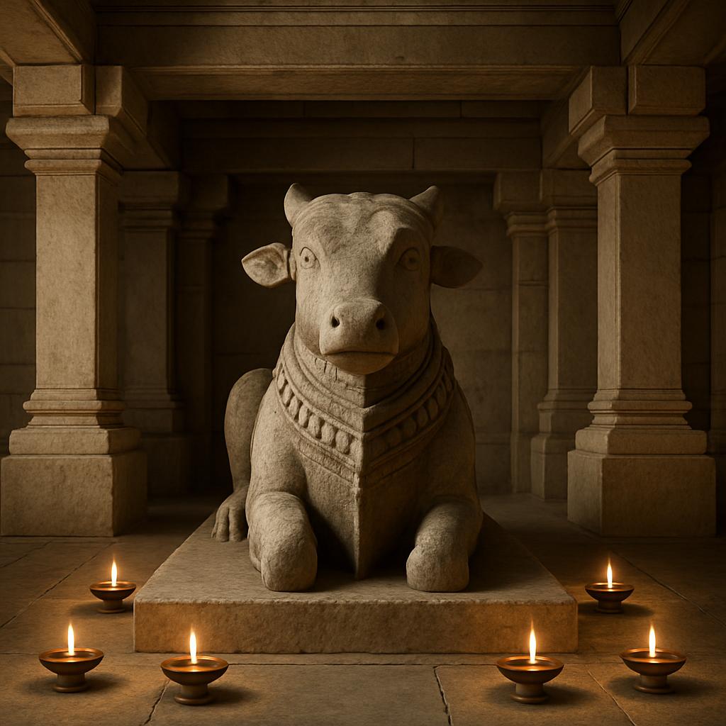 _a stone statue of a cow with a collar or scarf, surrounded by five candles in a dimly-lit, stone-columned room, medium wi...