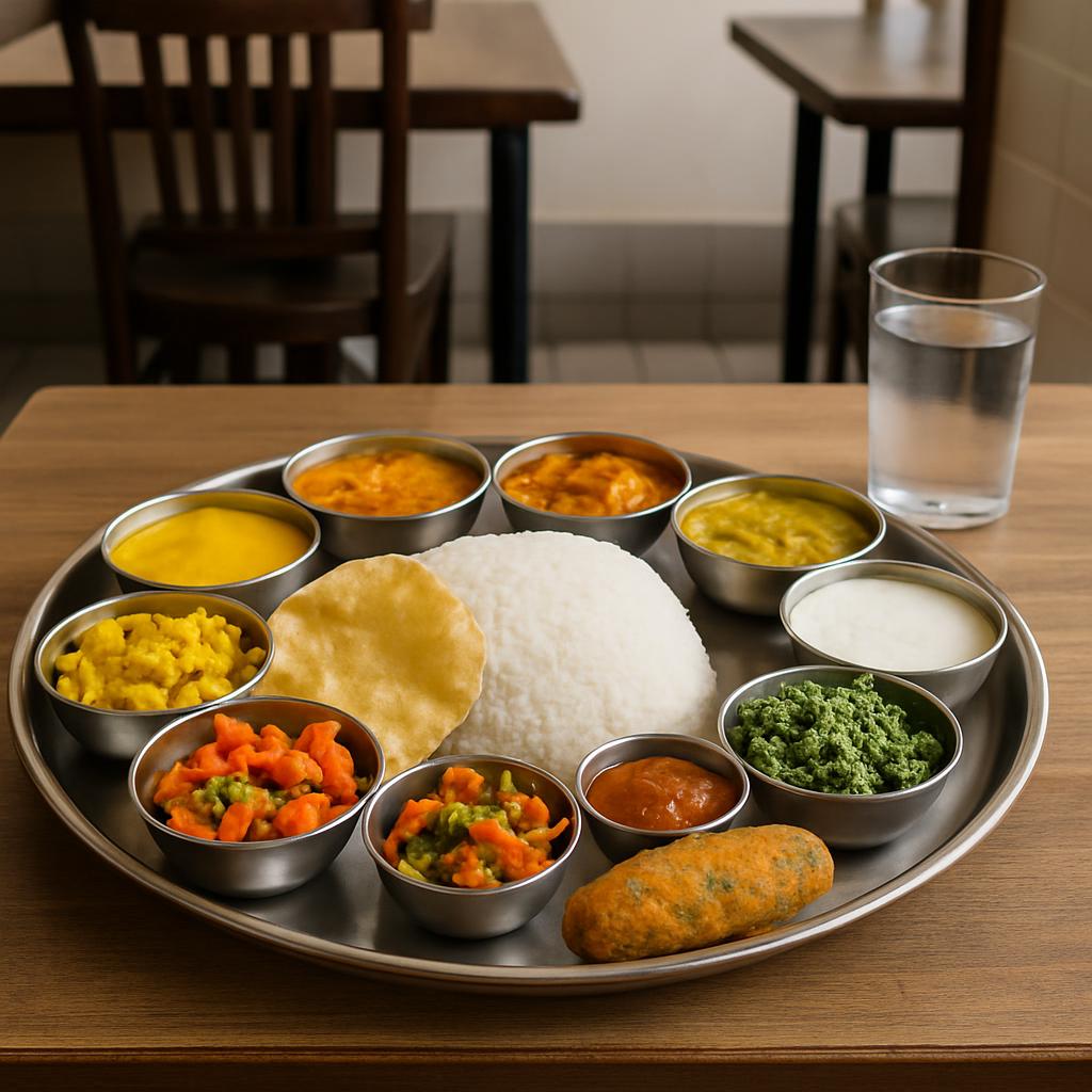 A platter of traditional Indian food, exactly matching the specified image.