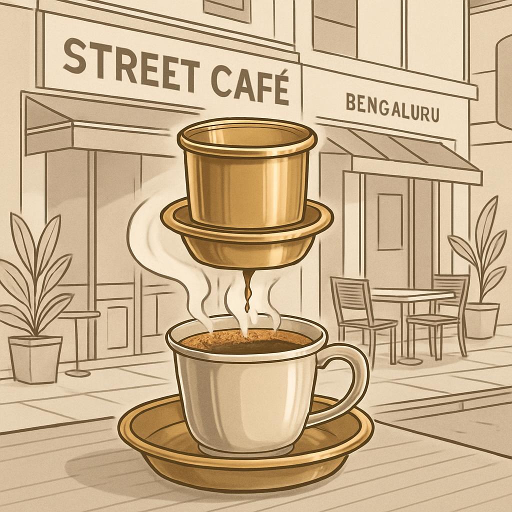 Alternative text for this image: "Cafe's exterior drawing, featuring a 'Street Cafe - Bengaluru' sign, with a realistic de...